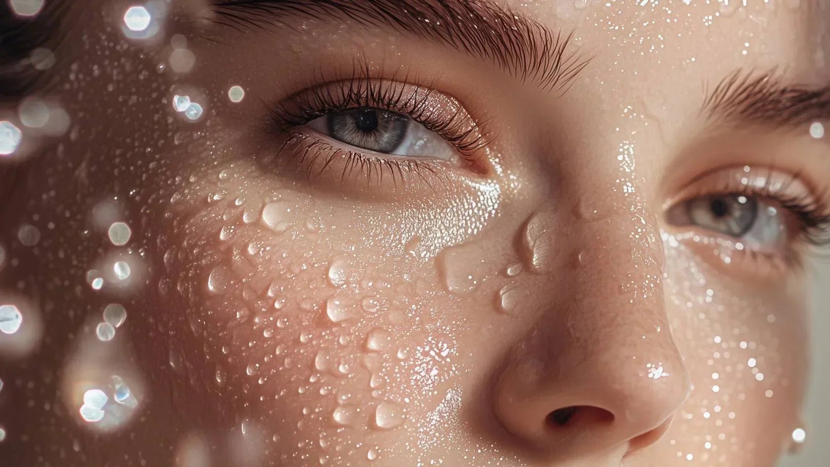 Makroaufnahme eines frischen Gesichts mit Wassertropfen – Symbol für intensive Feuchtigkeitspflege mit Hyaluronsäure.