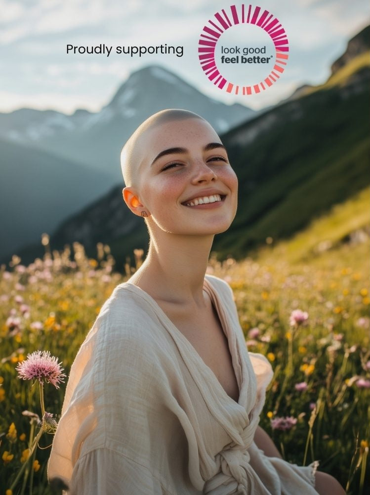 Lächelnde Frau mit sehr kurzem Haar sitzt in einer alpinen Blumenwiese bei Sonnenlicht – Beauty Fellows unterstützt Look Good Feel Better Schweiz.